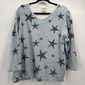 Jess & Jane Shirt Womens 2X Blue Star Print V Neck Tunic Top Long Sleeve USA